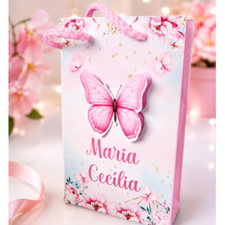Sacolinha Jardim das Borboletas Personalizada com Borboleta 3D | Lembrancinha Festa Infantil