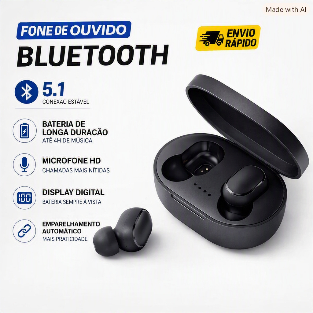 Fone De Ouvido Sem Fio Bluetooth 5.1 Tws Preto Case Carregador Display Microfone Android e IOS