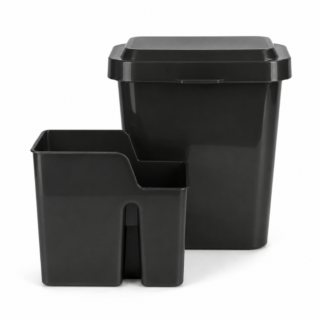 Kit Pia Preto 2 Peças Lixeira 4L Com Porta Utensílios Cozinha Organizador Casa