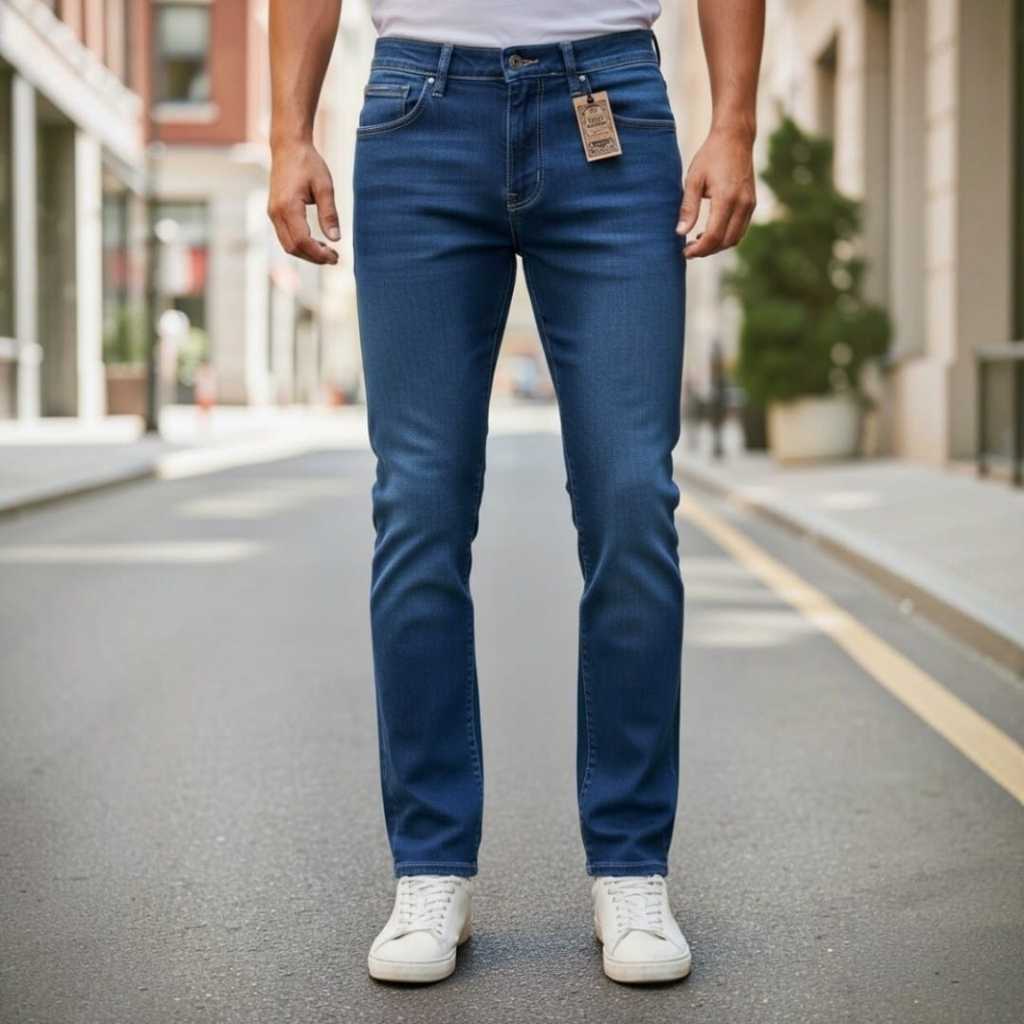 Calça Jeans Masculina Slim Azul Índigo Escuro Premium Elastano Cós Alto Corte Reto Casual Social Trabalho Presente