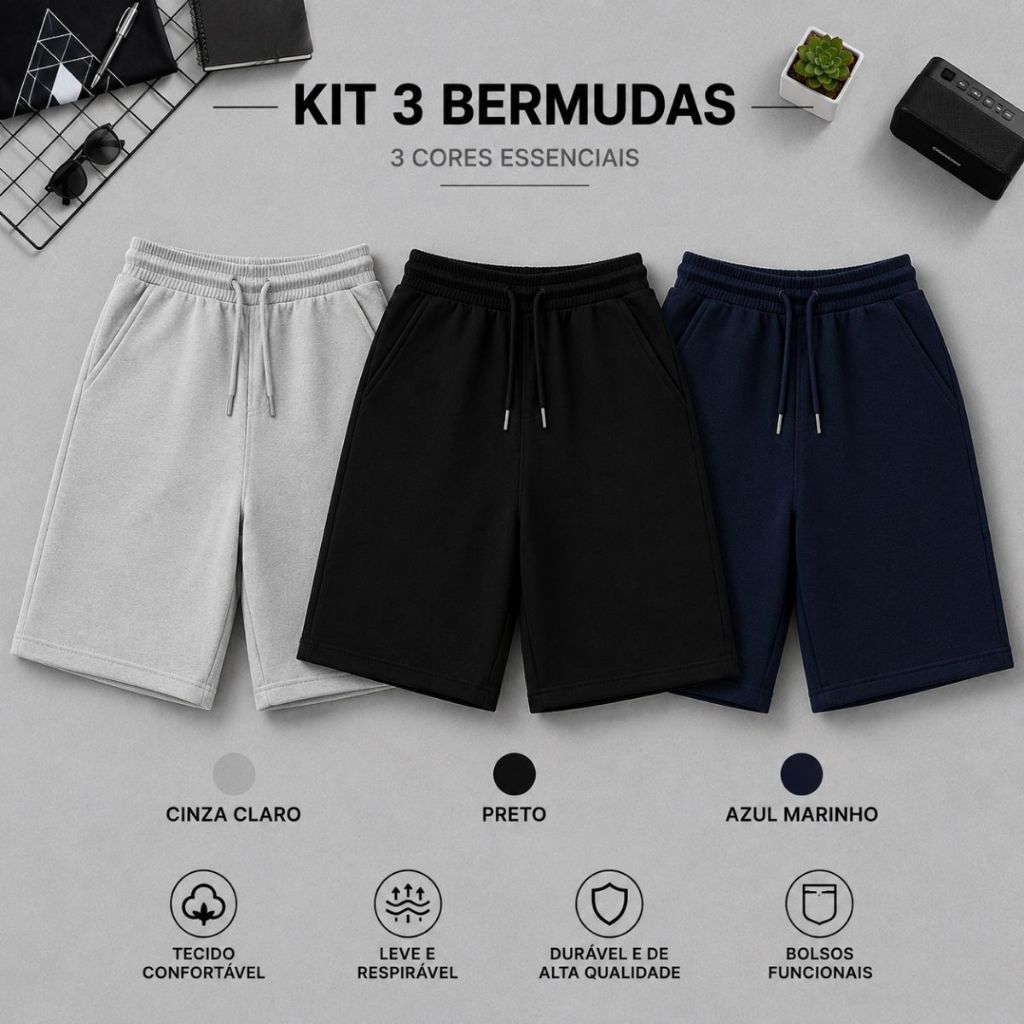 kit 3 bermuda shorts moletom masculino academia com cordão mauricinho shorts praia do P ao GG casual