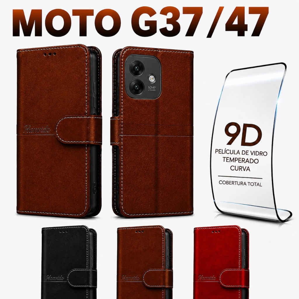 Motorola Moto G37 e Moto G47 Capa Carteira Flip Magnética Couro Porta Cartão Anti Impacto Suporte + Película 9D