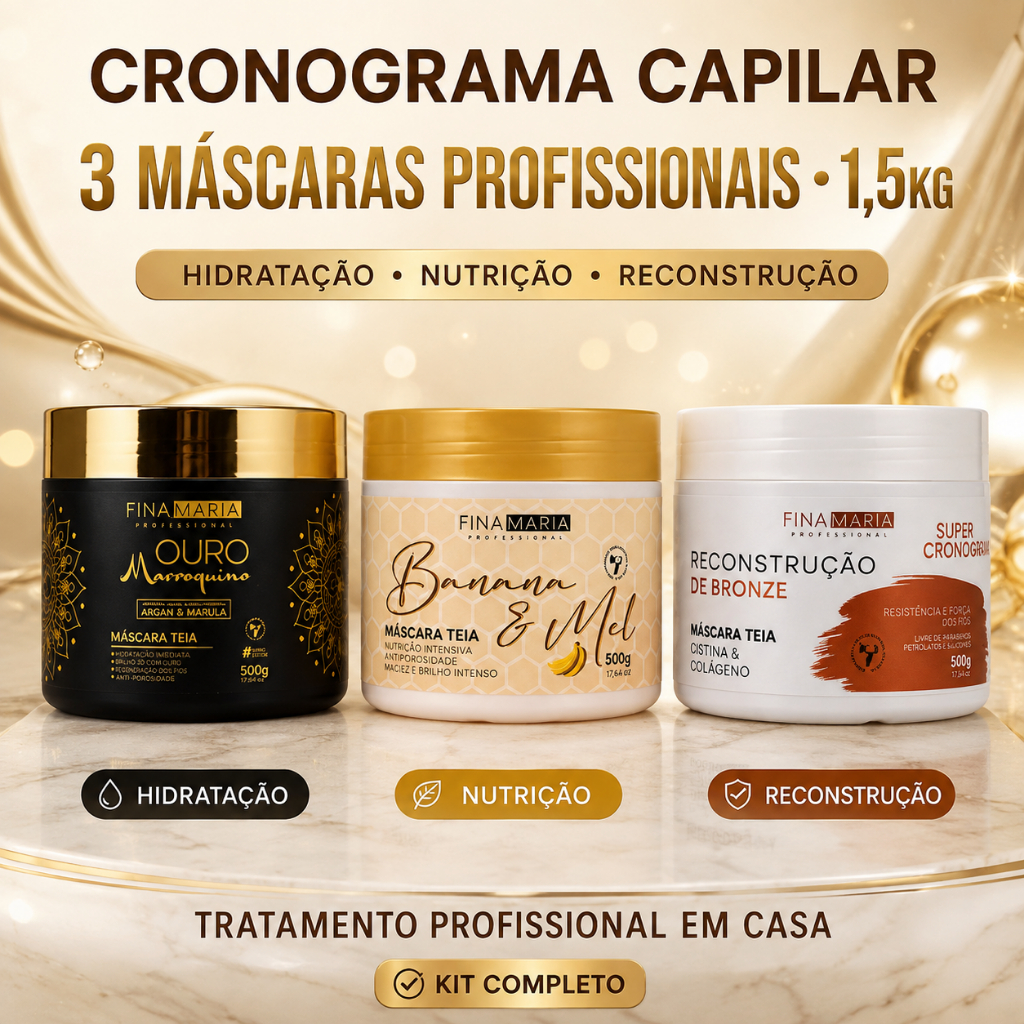 Kit Cronograma Capilar 1.5KG 3 Mascaras Profissionais Completo Hidratação, Nutrição E Reconstrução Fina Maria