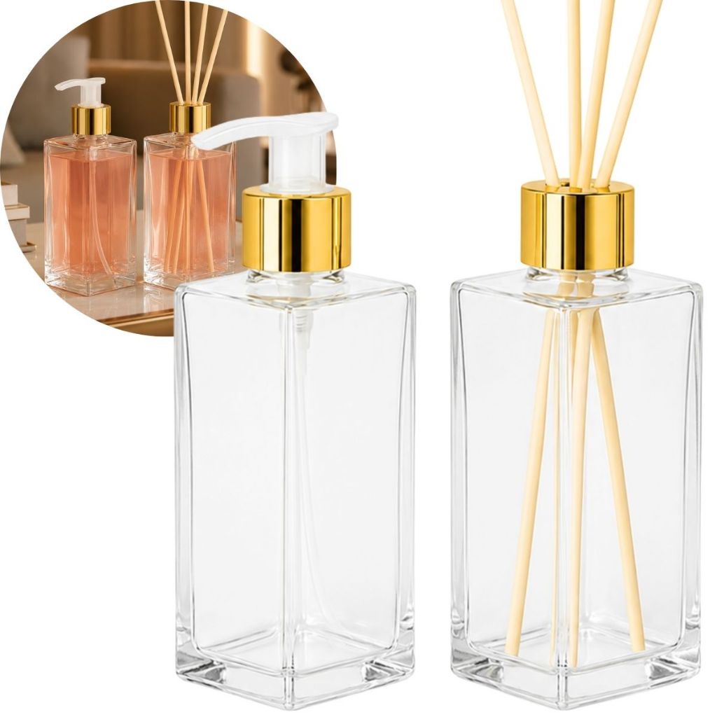 Kit 20 Frascos de Vidro Retangular 250ml ( 20 Porta Saboneteira Luxo + 20 Difusor Aromatizador Luxo)
