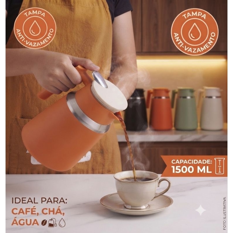 Garrafa Térmica Inox 1,5L Parede Dupla Isolamento a Vácuo Bico com Acionamento por Pressão Base Antiderrapant