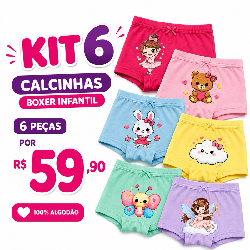 Kit 6 Calcinhas Boxer Infantil Menina 100% Algodão Confortável Estampadas Tamanho 1 ao 8