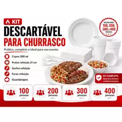 Kit Churrasco/Festa Descartável 100 Prato 21cm +100 Copo 200ml +100 Garfos+100 Facas+100 Guardanapos