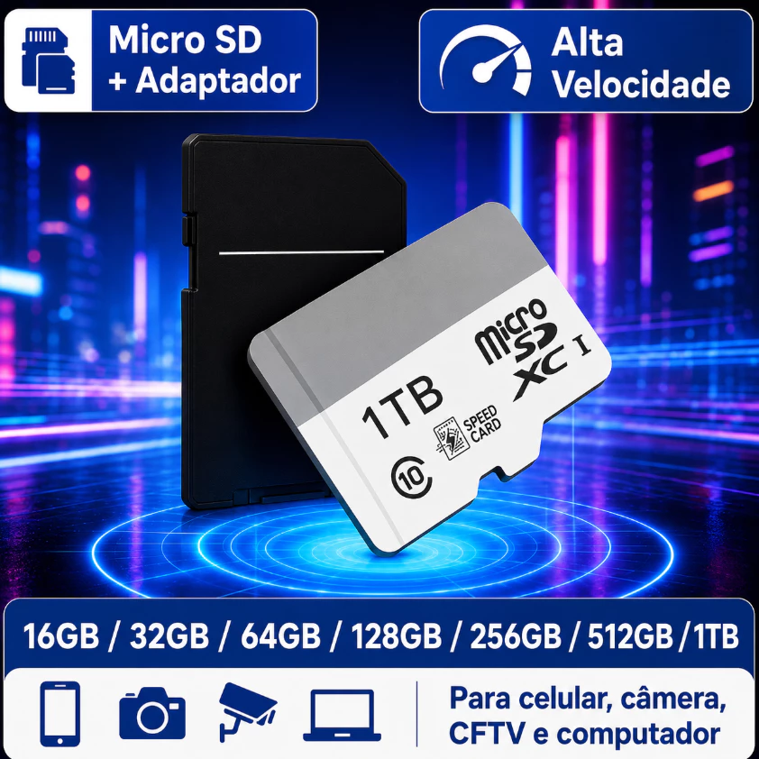 Cartão de Memória Micro SD 1TB 16GB 32GB 64GB 128GB 256GB 512GB Velocidade Alta + Adaptador SD