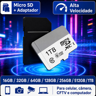 Cartão de Memória Micro SD 1TB 16GB 32GB 64GB 128GB 256GB 512GB Velocidade Alta + Adaptador SD