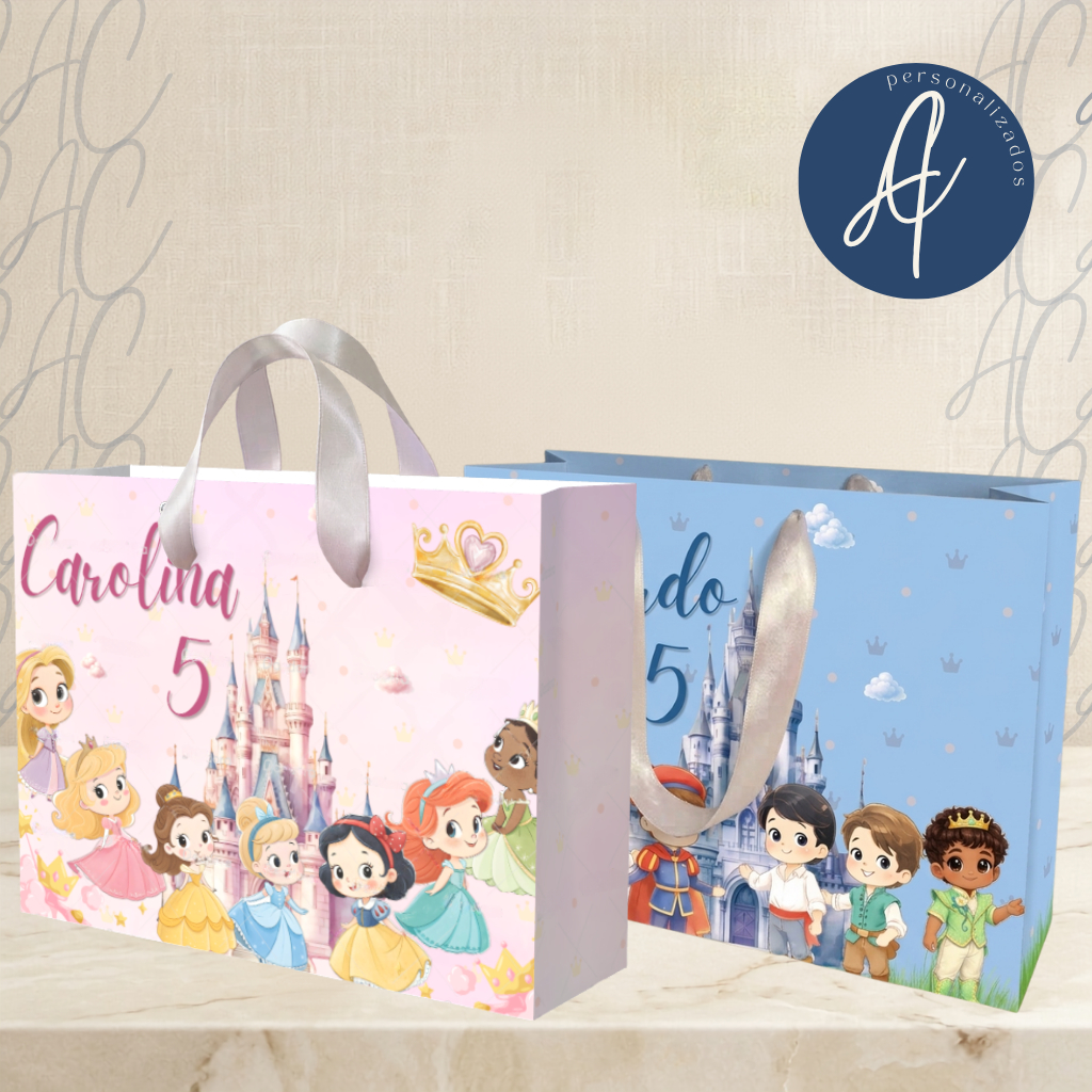 JÁ MONTADA - Kit sacola personalizada aniversário tema Princesas e Príncipes baby | Lembrancinha | Infantil | Festa