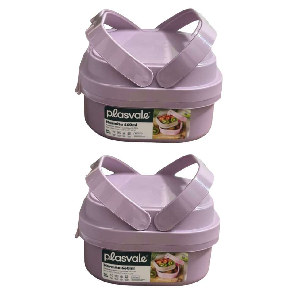 Kit 2 Pote Marmita Fit Lancheira 660ml Com Alça E Trava Divisória Design Moderno
