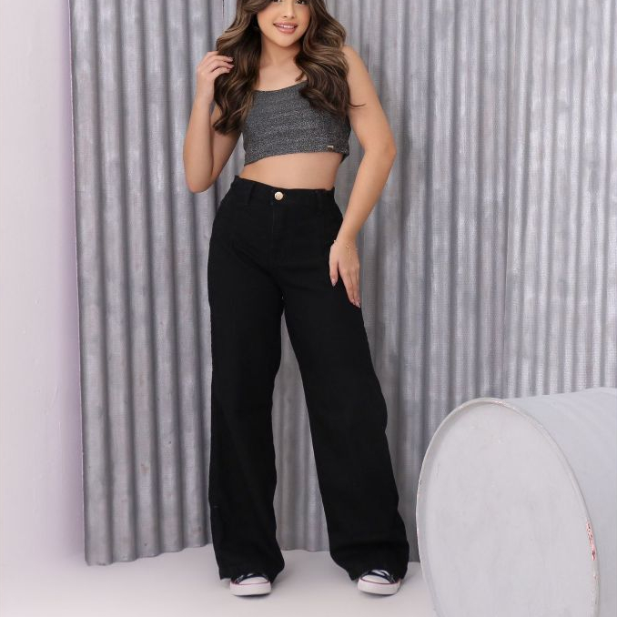 Calça Jeans Wide Leg Preta Juvenil Feminina Moda Blogueira