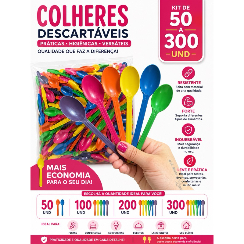 kit 50 ~ 300 Colher Descartáveis Reforçada Inquebrável 13,5cm Para Festa ~ Sorveteria ~ Açaí ~ Bolos de Pote