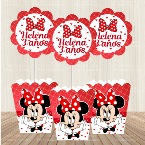 kit Centro de Mesa Personalizado Caixa Cachepot Minnie Vermelha  Cachepô Enfeite Arranjo