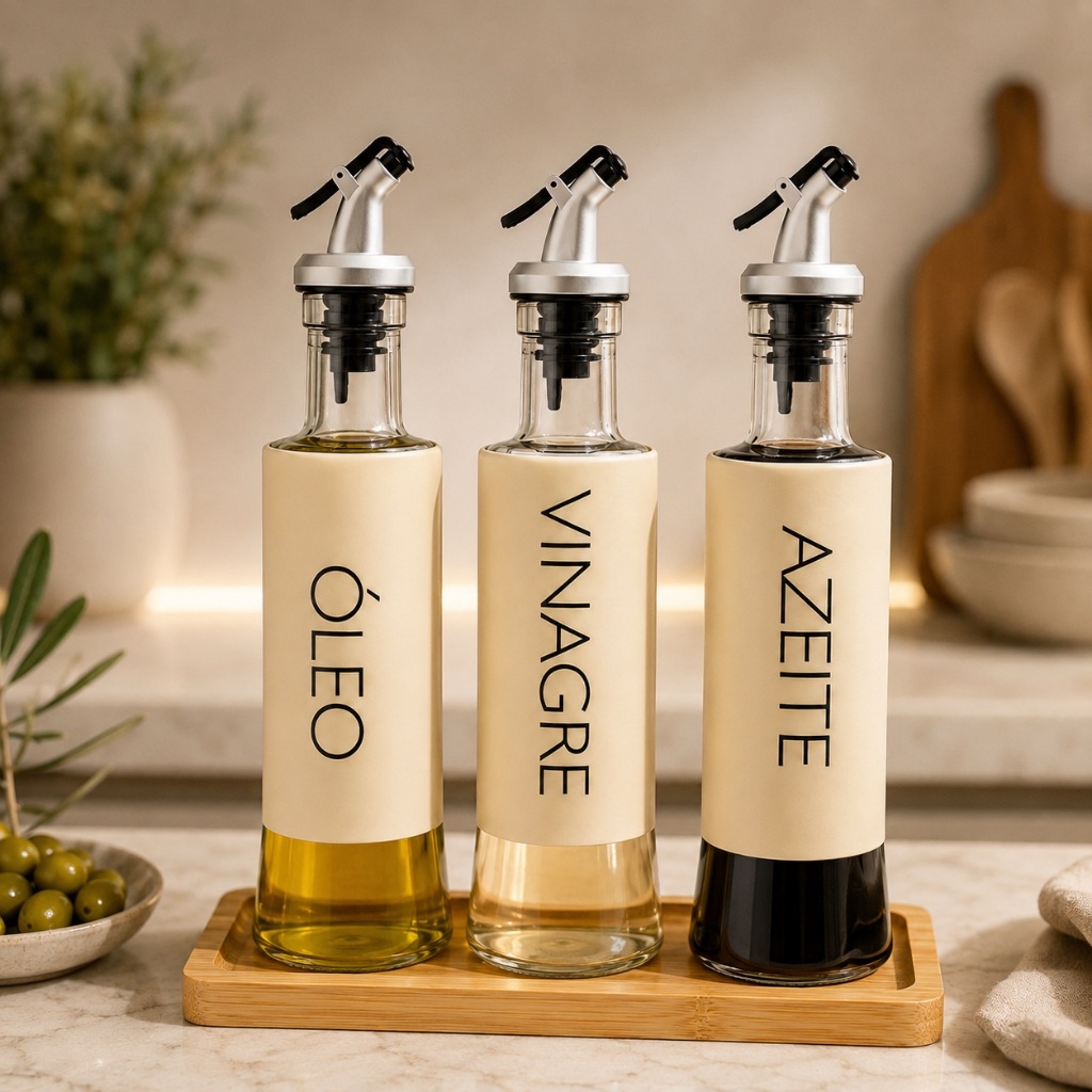 Kit Galheteiro Completo Com Bandeja Azeiteiro Vinagreiro E Óleo De Vidro 310 Ml Com Bico Dosador