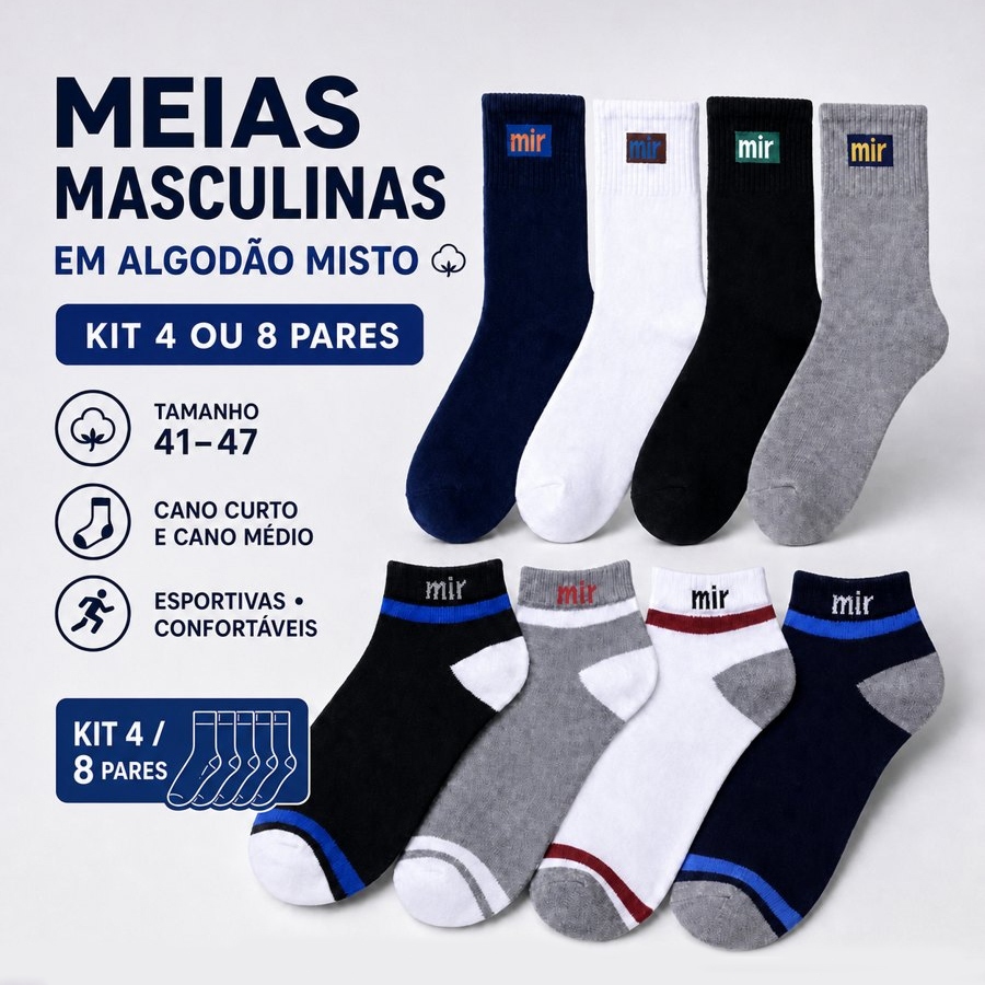 Meias Masculinas em Algodão Misto Esportivas Kit 4/8 Pares, Tamanho 41-47, Cano Curto e Médio, Estilo Casual Diário