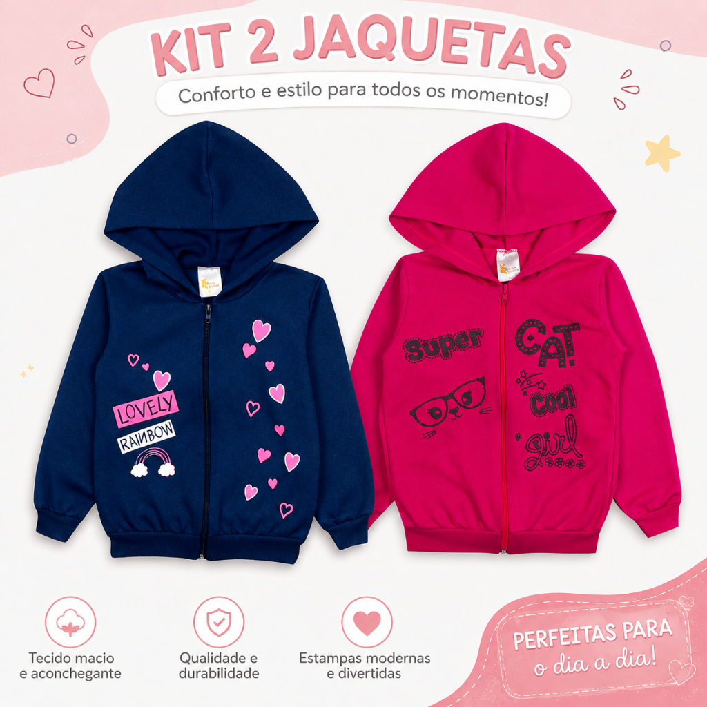 Kit 2 Casaco Menina Moletom Jaqueta Capuz E Zíper Roupa Frio