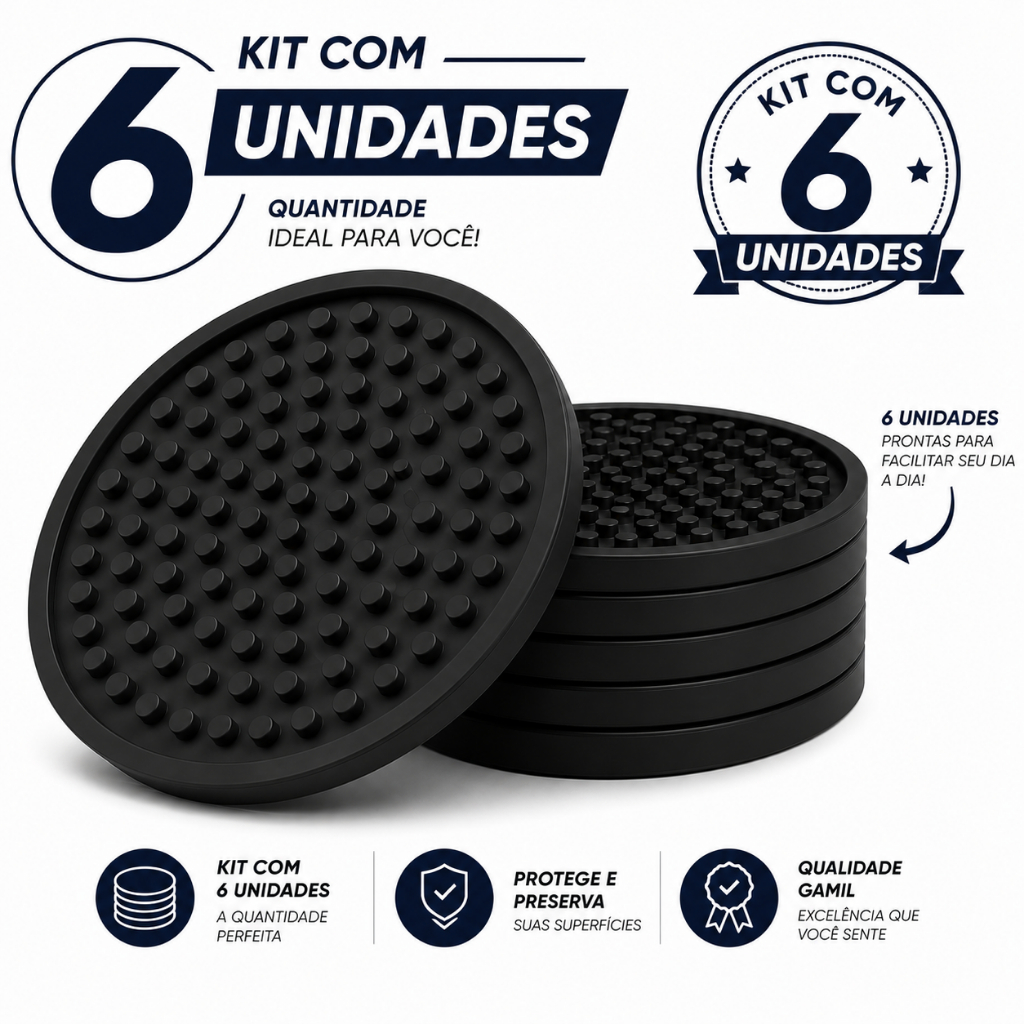 KIT C/ 06 PORTA COPO BORRACHA RETEM LIQUIDO BOLACAO 9CM BARMAT DESCANSO DE COPO