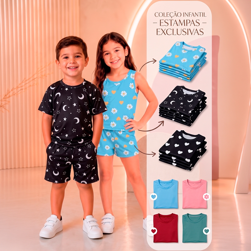 Conjunto Infantil Sortido Pijama Verão Menina ou Menino Manga Curta Estampas Variadas