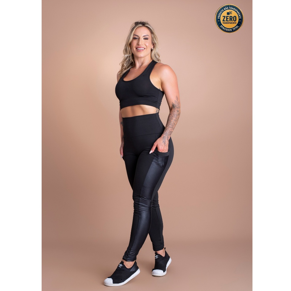 Conjunto Fitness Feminino Calça Legging Cintura Alta Com Bolso Lateral Cirrê e Top Liso Nadador Academia GJR Modas