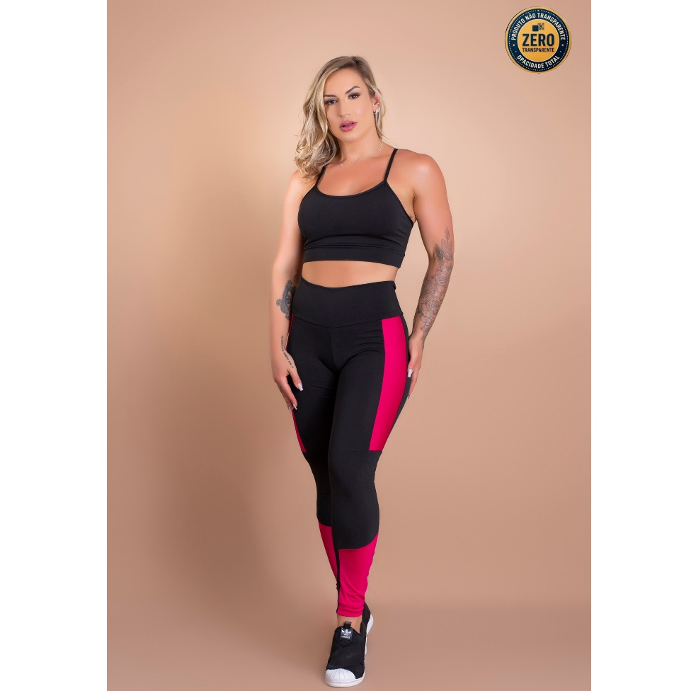 Conjunto Calça Legging Fitness Cintura Alta Faixa Lateral E Top Cropped Alcinha Liso Academia ZERO TRANSPARÊNCIA