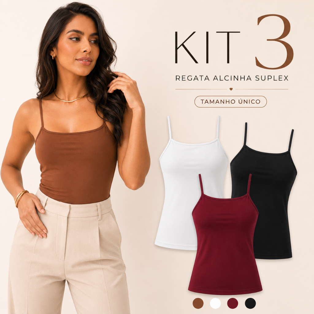 KIT 3 Regata Feminina Suplex Alcinha Forro Duplo Busto Virgínia Decote Quadrado