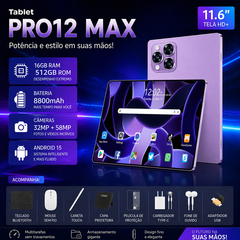 Tablet Galaxy Pro12 Max |16GB + 512GB | Android 15 | 11.6" HD screen | 5G | Snapdragon 888 with Free Keyboard and Mouse
