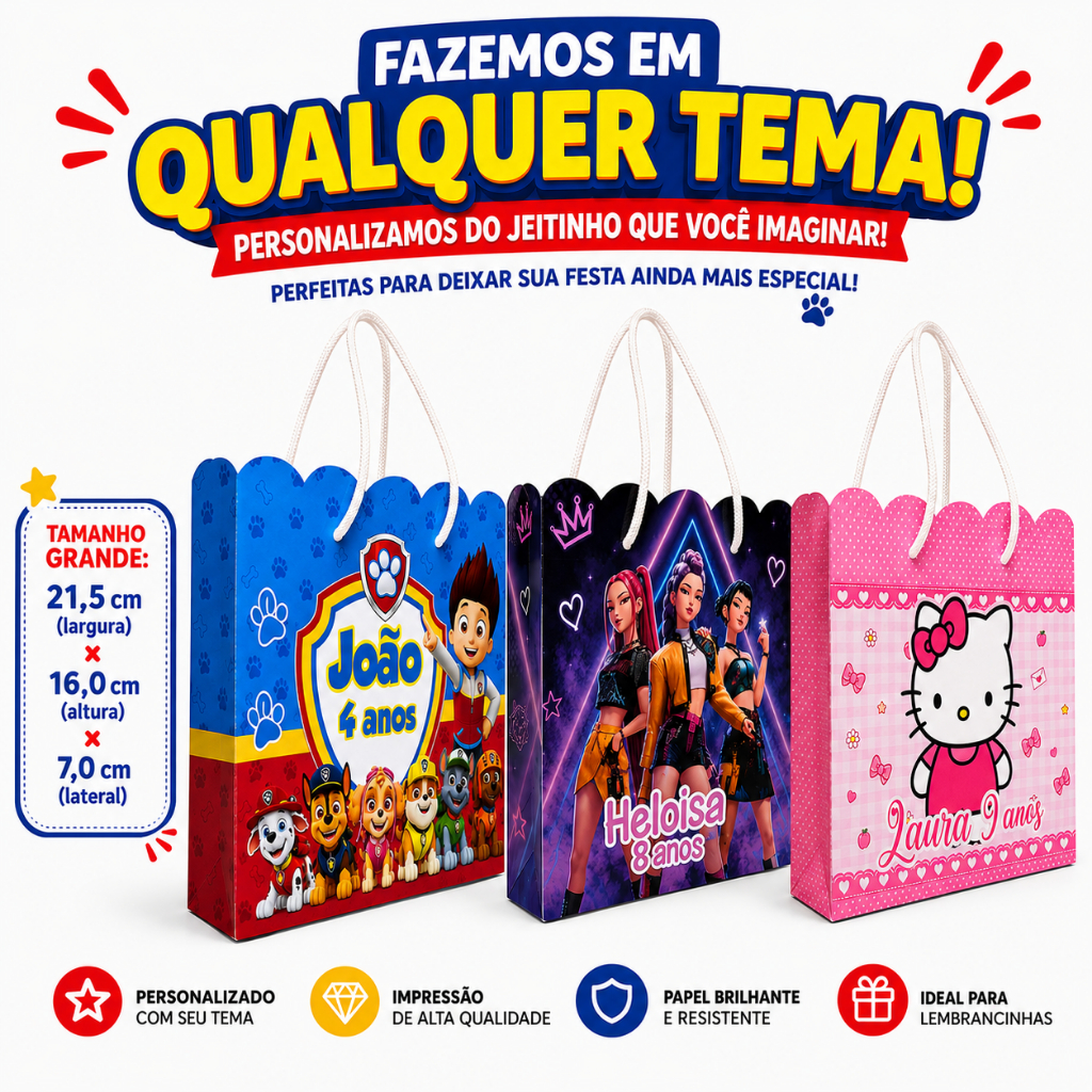 Kit 10 | 15 | 20 | 30 | 40 Sacolinhas Grande - QUALQUER TEMA - Lembrancinhas Personalizadas Festa Infantil aniversario