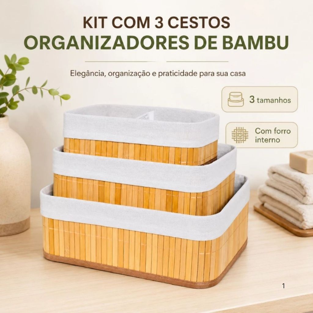 Kit 3 Cestos de Bambu Conjunto c/ Tecido Forro em Algodão Cesto Organizador Multiuso