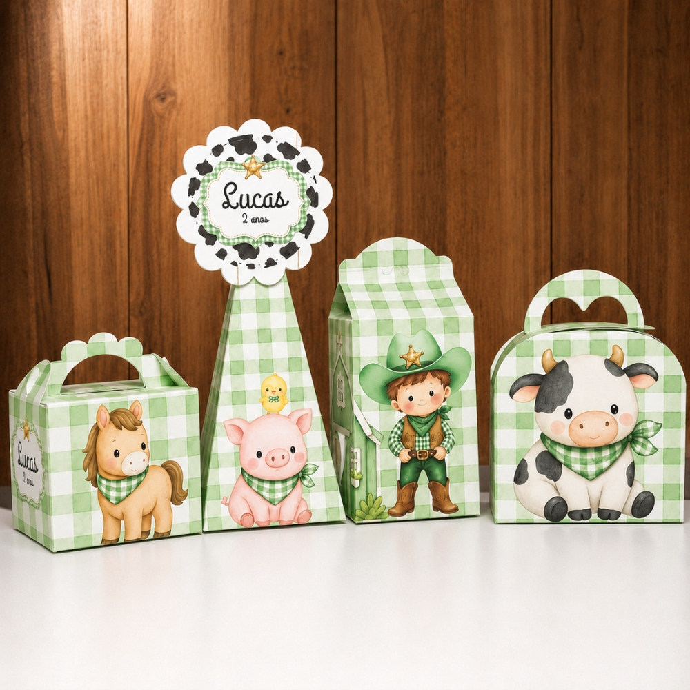 Kit Personalizado Fazendinha Verde - Caixas personalizadas fazendinha xadrex verde - lembrancinha