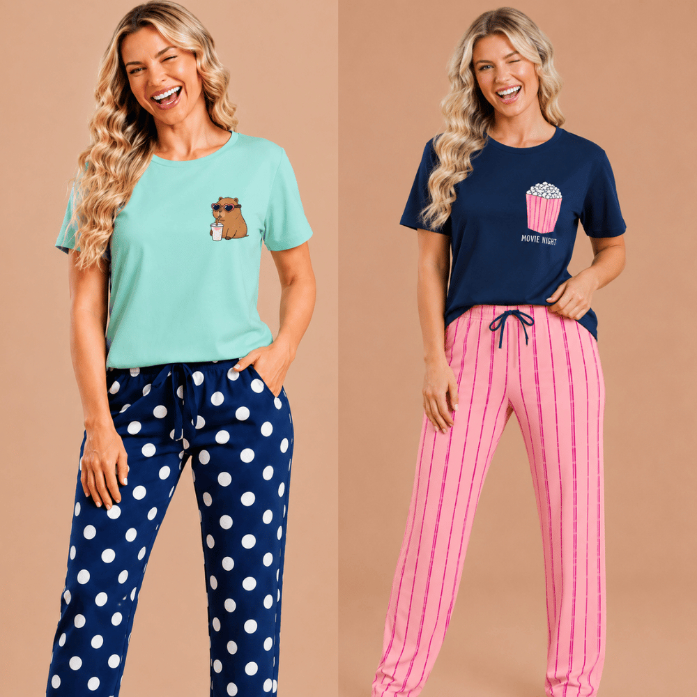 Kit 2 Pijamas Feminino Longo Plus Size Manga Longa Malha PV Estampado Inverno Adulto