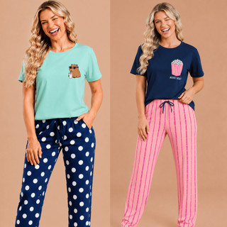 Kit 2 Pijamas Feminino Longo Plus Size Manga Longa Malha PV Estampado Inverno Adulto/ Kit 2 Pijama Meia Manga Estampado