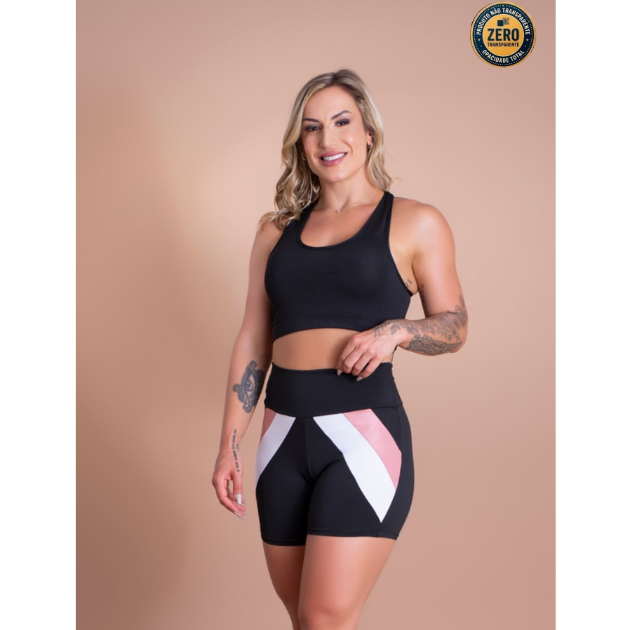 Conjunto Feminino Fitness Short Recorte Curto Cintura Alta e Top Sustentação Nadador Liso Academia ZERO TRANSPARÊNCIA