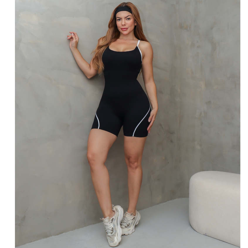 Macaquinho Fitness Feminino Esportivo Canelado Alça Fina Short Modelador Academia SD4111