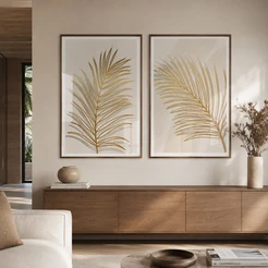 Quadro Decorativo Folhas de Ouro moldura Branca Com Vidro 50x75