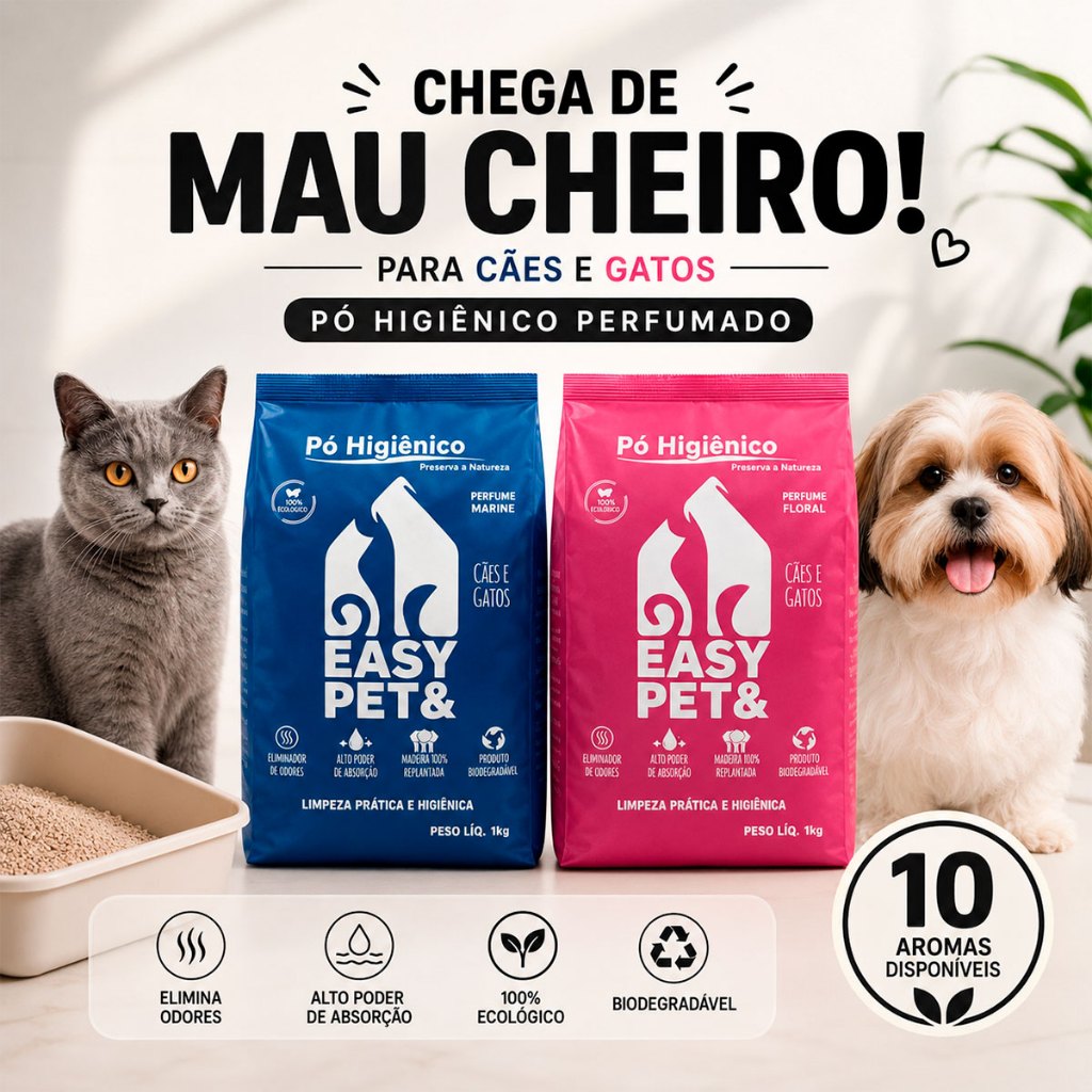 1 ou 2 Pó Higiênico Eliminador de Odores 1Kg Cães e Gatos Aromas Limpeza à Seco Ação Bactericida Antiodor