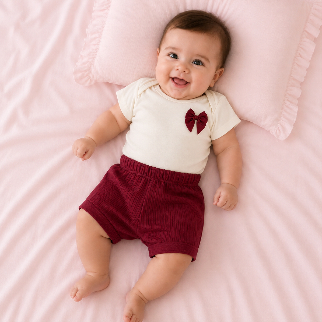Conjunto Bebê Body Algodão + Shorts Bordô Tricot Infantil Confortável Roupa Menina Casual | P ao GG | REF 2410