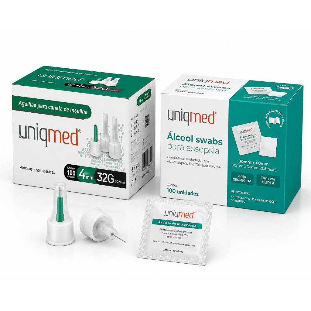 Kit Agulha Caneta Insulina 4mm 32G + Álcool Swab Uniqmed
