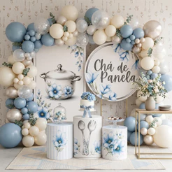 Capa Painel Redondo Trio Cilindros Decoração Festa Chá de Panela Floral Azul Branco Sublimado Bibi
