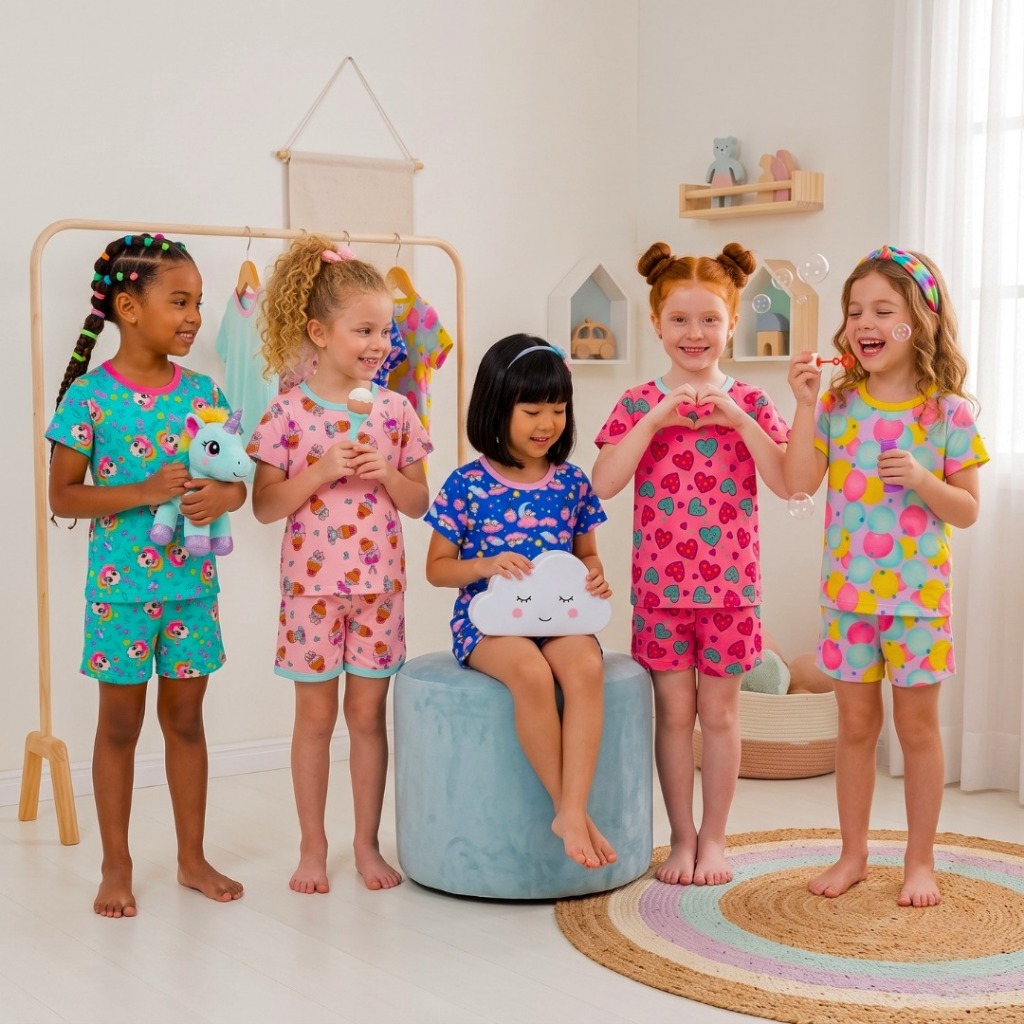 Kit 2 Conjunto Pijama Feminino Infantil Verão em Algodão Estampado e Colorido 1 ao 16 anos