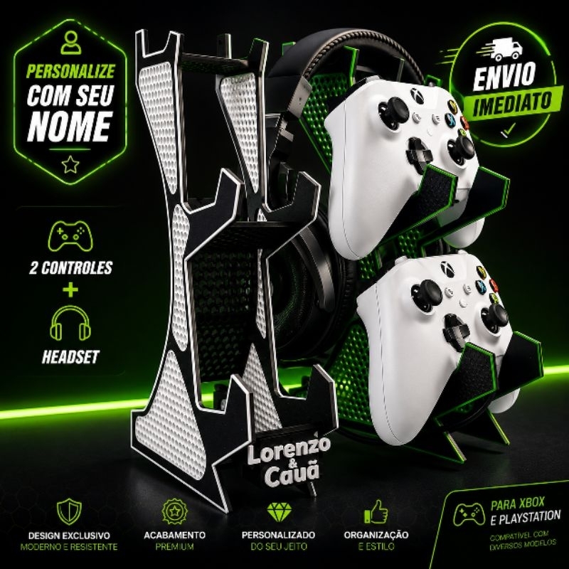 Suporte Gamer Personalizado p/ PS5 / Xbox / Pc Organiza 2 Controles + Headset | Com Seu Nome