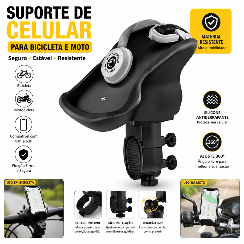 Suporte de Celular para Bicicleta e Moto, Ajuste 360°, Fixação Segura e Antiderrapante,SuporteResistente para Smartphone
