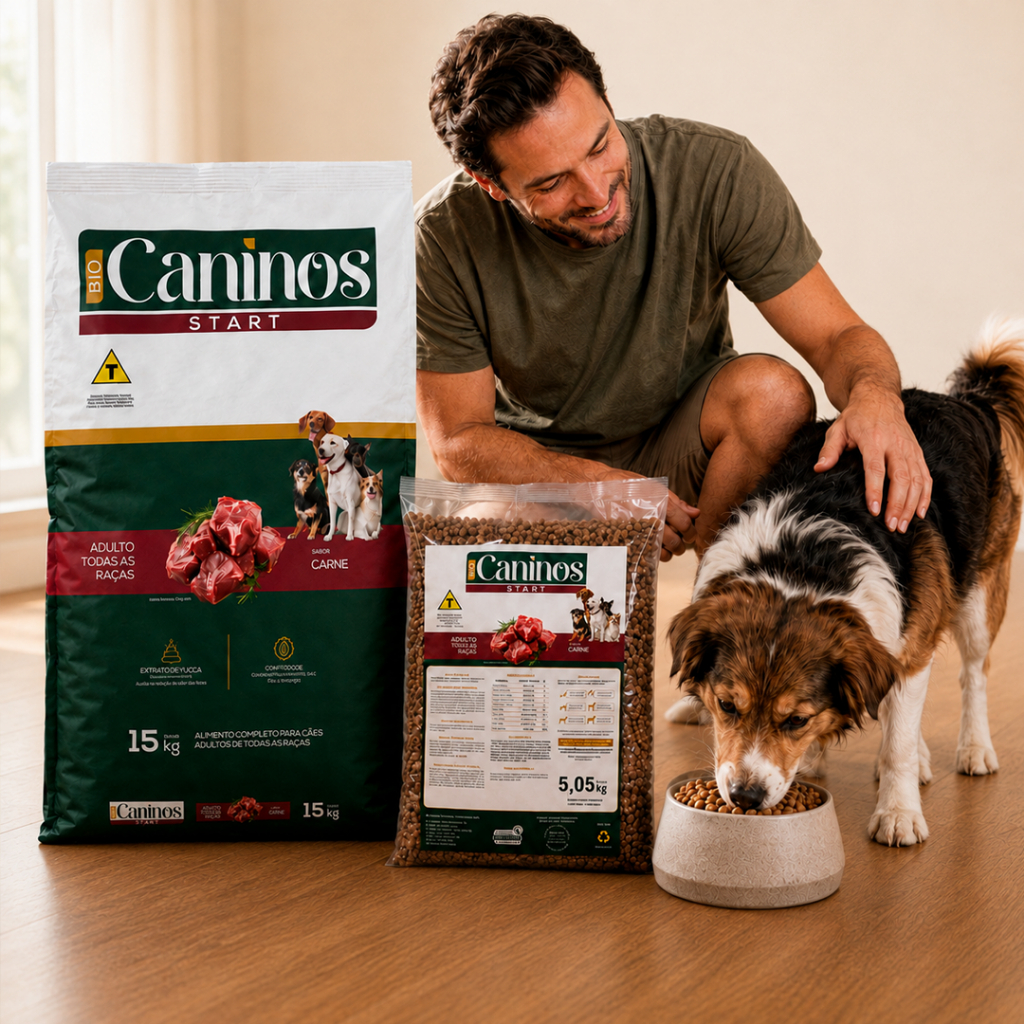 Ração Cachorro Caninos Start 5kg e 15kg Adulto Todas as Raças Sabor Carne 18% Proteína