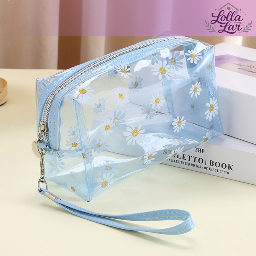 Necessaire Transparente com Alça, Estojo de Maquiagem em PVC, Compacta, Organizador de Cosméticos