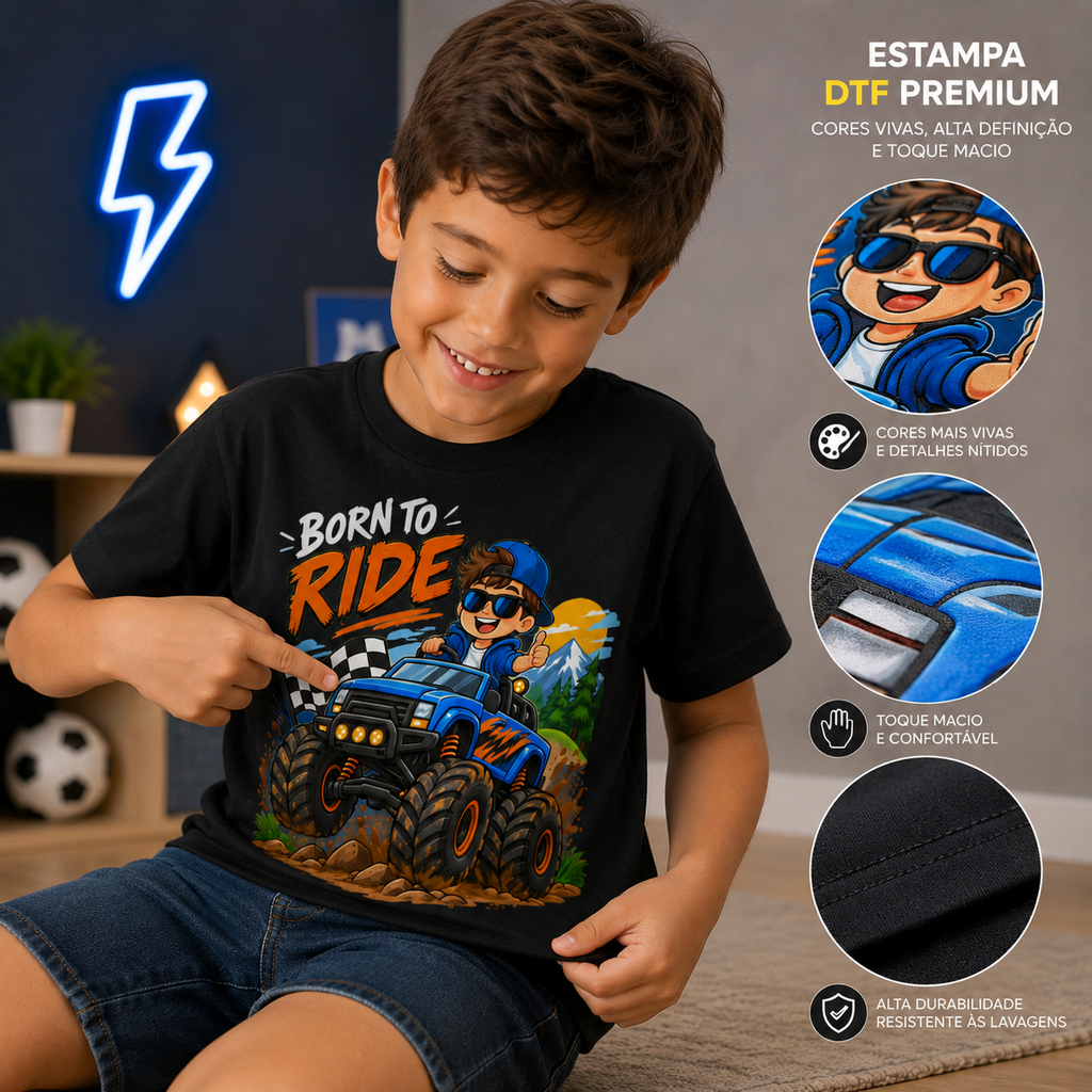 Camiseta Infantil Masculina Algodão Estampada Monster Truck Born To Ride Confortável Menino