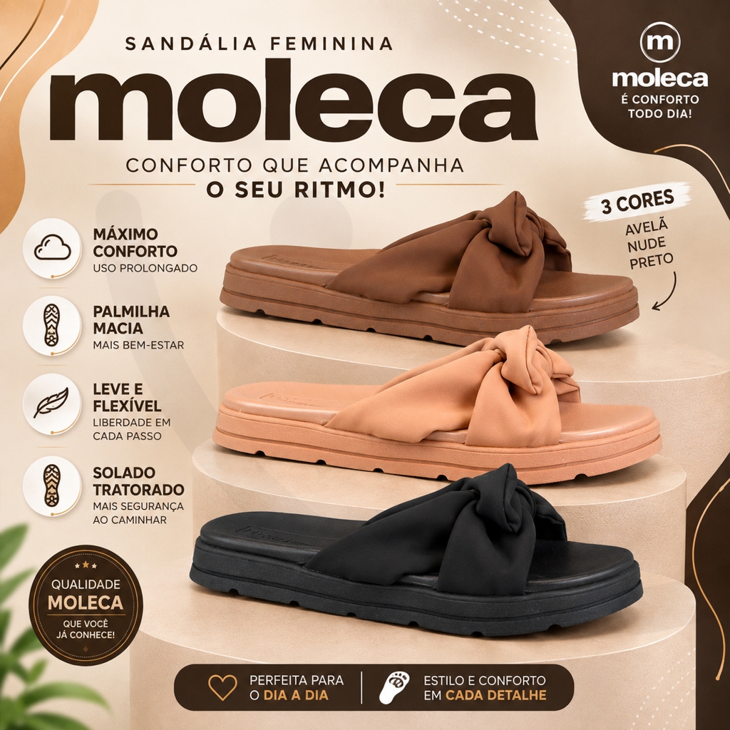 Chinelo Slide Feminino Moleca Sandália Laço Ultraconforto Rasteirinha Confortável Original