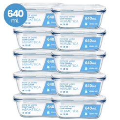 Kit 10 Pote Vidro Hermético Marmita 640ml Micro-ondas Freezer Forno Organização Geladeira