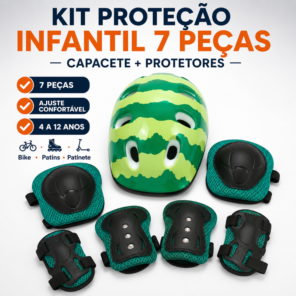 Kit Proteção Infantil 7 Peças Capacete Joelheira Cotoveleira Munhequeira Bike Patins 4 a 12 Anos