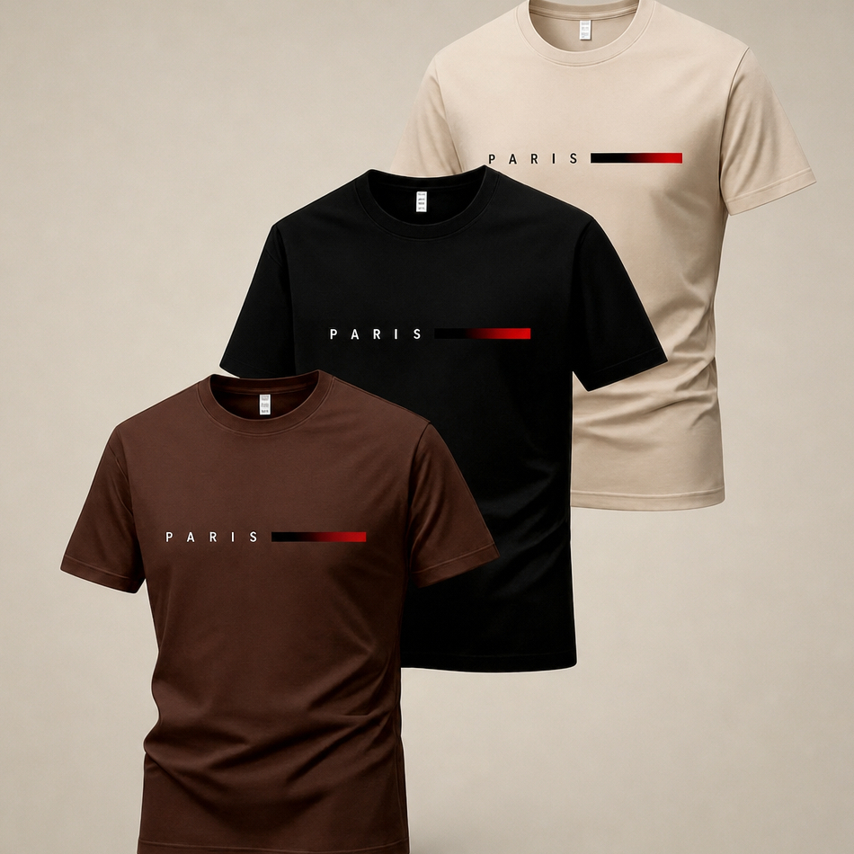 Kit 3 Camisetas Masculinas Algodão Estampa Paris — Camisa Casual Premium Confortável e Estilosa