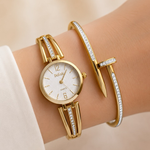Relógio Feminino Quartz Cravejado Dourado Elegante Delicado com Bracelete Aço Inoxidável ou Pulseira Strass